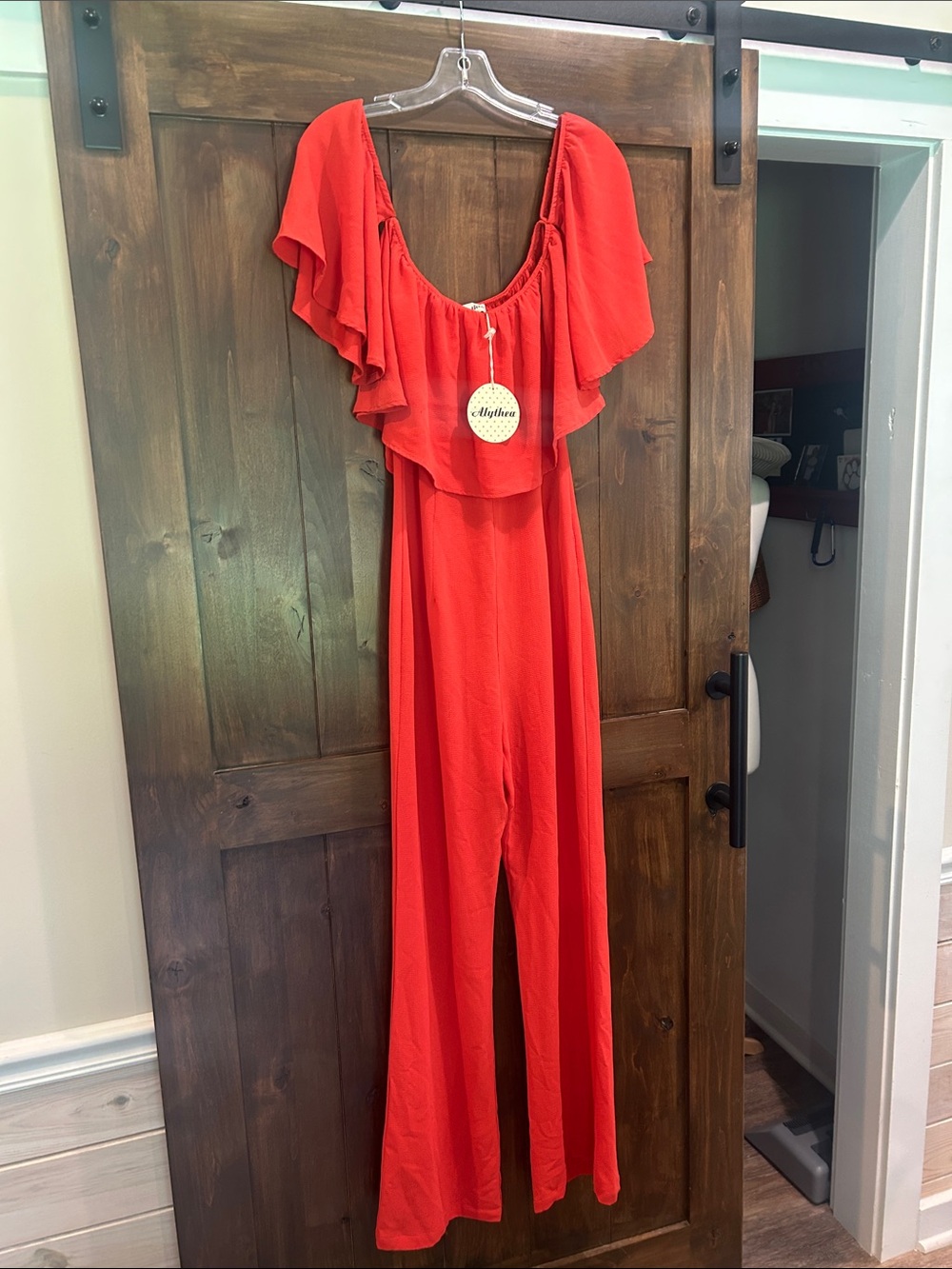 A105 NWT Alythea Rust Orange Off-Shoulder Ruffle Jumpsuit - Size Small